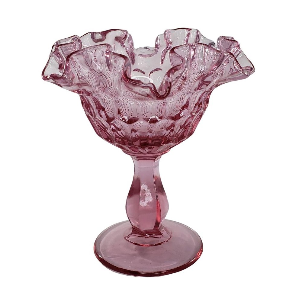 Fenton Pink Glass Compote Candy Dish Thumbprint Crimped Colonial Footed